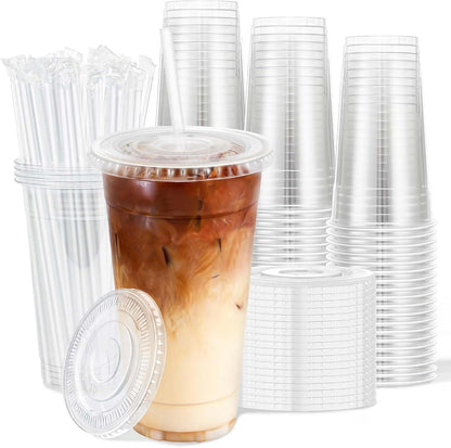 Clawsoff 100 Pack 20 oz Disposable Clear Plastic Cups with Lids and Straws, Leak-Proof Sturdy Cold Drink Cups for Iced Coffee, Smoothies, Juice, Parties & Business