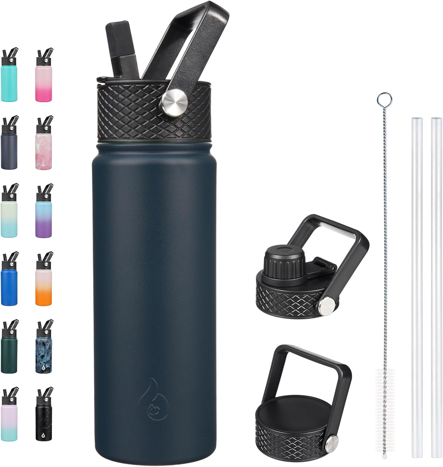 BJPKPK Insulated Water Bottles with Straw Lid, 40oz Stainless Steel Water Bottles with 3 Lids, BPA Free Leakproof Thermo, Tumblers, Cups for Sports, Gym- Midnight - Colors A
