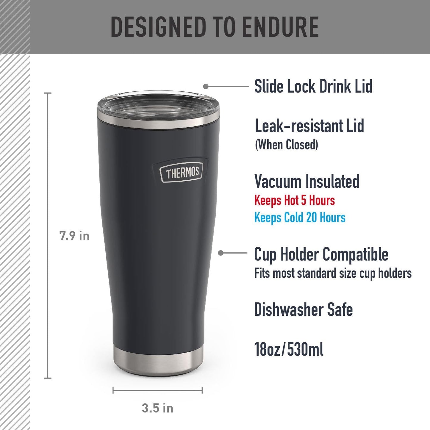 THERMOS ICON SERIES, Stainless Steel Tumbler with Slide Lock, 18 Ounce, Mystic Navy