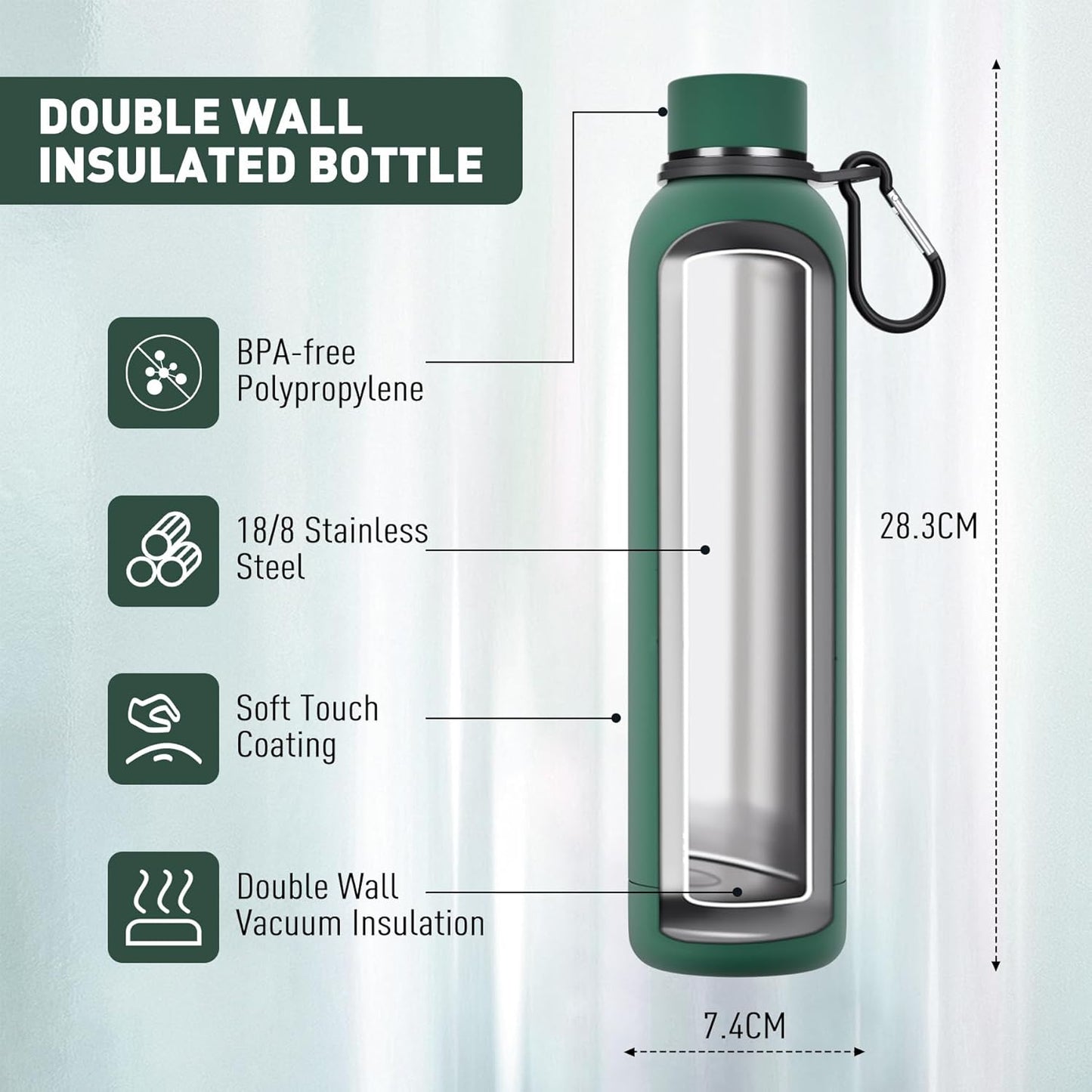 Exllena Slim Insulated Water Bottles for Travel 18oz with Clip, Double Wall Vacuum Stainless Steel Water Bottle Keeps Drinks Cold 24 Hrs/Hot 12 Hrs, 100% Leakproof, BPA Free(Black)