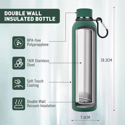 Exllena Slim Insulated Water Bottles for Travel 18oz with Clip, Double Wall Vacuum Stainless Steel Water Bottle Keeps Drinks Cold 24 Hrs/Hot 12 Hrs, 100% Leakproof, BPA Free(Black)