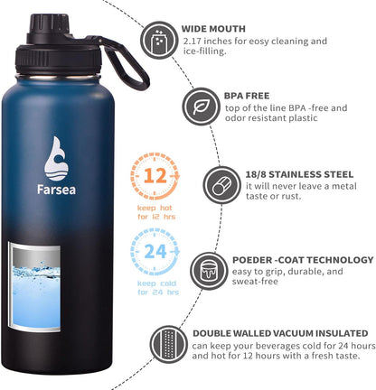 Farsea Insulated Water Bottle With Paracord Handle, Protective Silicone Boot and 2 Lids (Straw Lid & Spout Lid), Stainless Steel Water Bottle Wide Mouth, Double Wall Sweat-Proof BPA-Free, 24 oz