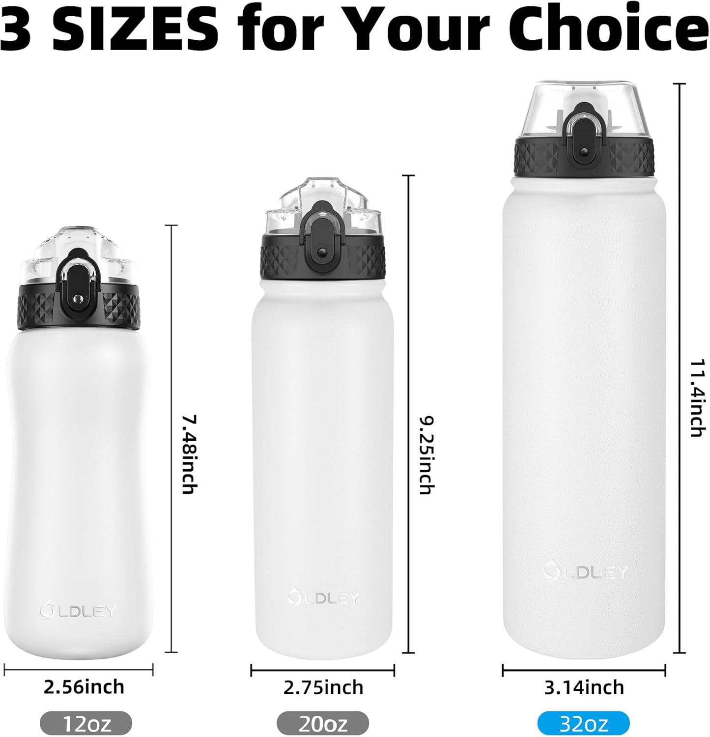 Oldley Insulated Water Bottle 20oz for Adults Kids Stainless Steel Water Bottles with Straw/Chug/Carabiner 3 Lids Fruit Strainer Double Wall Vacuum Wide Mouth BPA Free Leak-Proof for School Travel