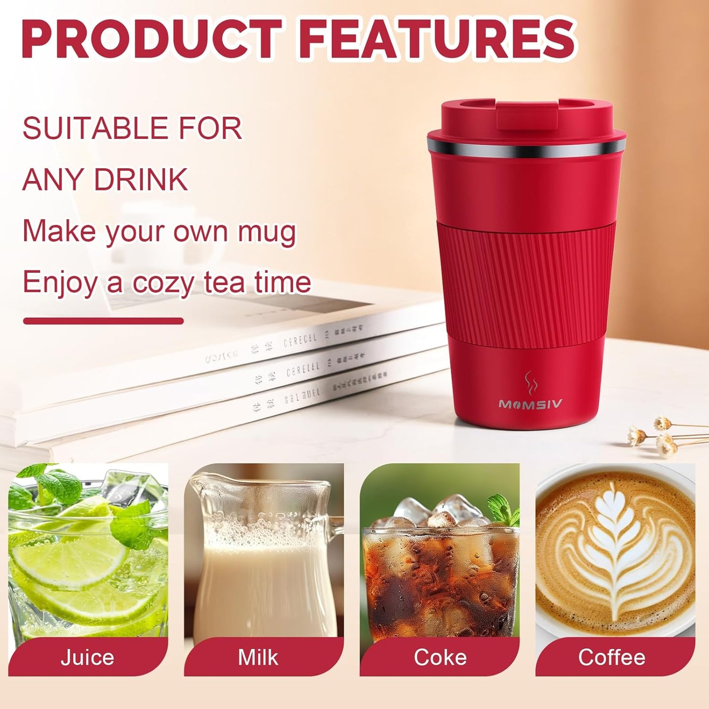 MOMSIV 12oz Travel Mug, Insulated Coffee Cup with Leakproof Lid, Travel Coffee Mug Vacuum Stainless Steel Double Walled Reusable Coffee Cup for Hot and Cold Water Coffee