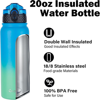 Oldley Insulated Water Bottle 20oz for Adults Kids Stainless Steel Water Bottles with Straw/Chug/Carabiner 3 Lids Fruit Strainer Double Wall Vacuum Wide Mouth BPA Free Leak-Proof for School Travel