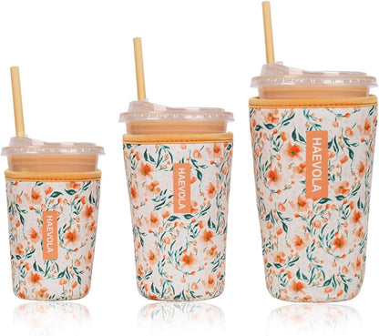 Reusable Insulated Neoprene Iced Coffee Cup Sleeve, Durable Drink Sleeve for Cold Beverages, Beverage Holder for Iced Coffee, Floral Checkers