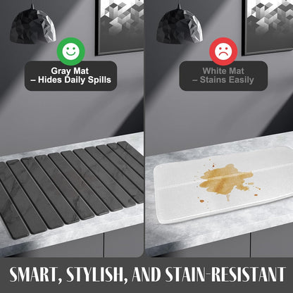 Extra Large Stone Dish Drying Mat for Kitchen Counter, Foldable Quick Dry Dish Drying Mats, Absorbent Diatomaceous Earth Stone Drying Mats for Plate Rack Bottles Cups (Gray Marble 28"×16" & 8"x4")