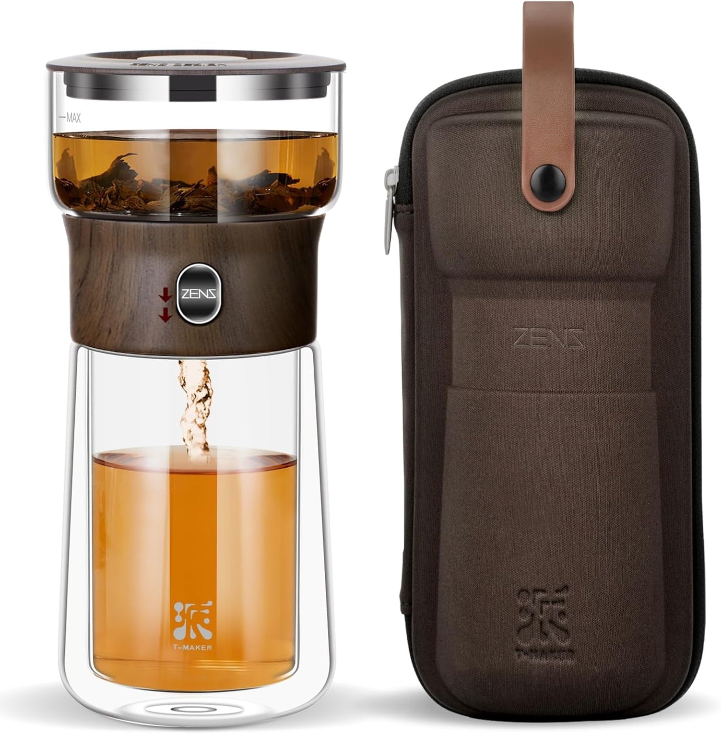 ZENS Modern Glass Infuser Teapot, One Touch Tea Maker for Loose Leaf Tea with Insulated Mug and Portable Case. Enchanted Pot Alternatives for Tea Lover Gifts