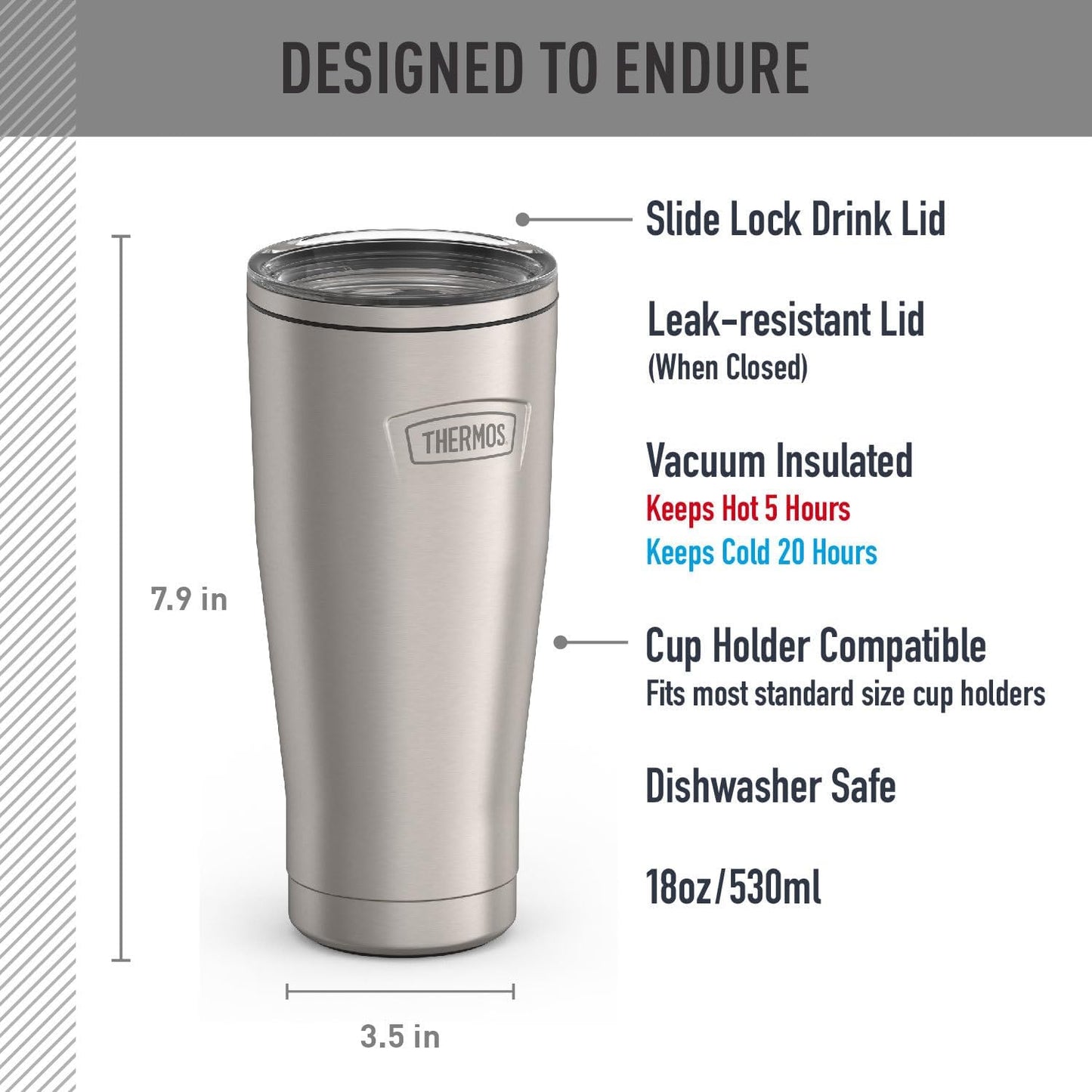THERMOS ICON SERIES, Stainless Steel Tumbler with Slide Lock, 18 Ounce, Mystic Navy