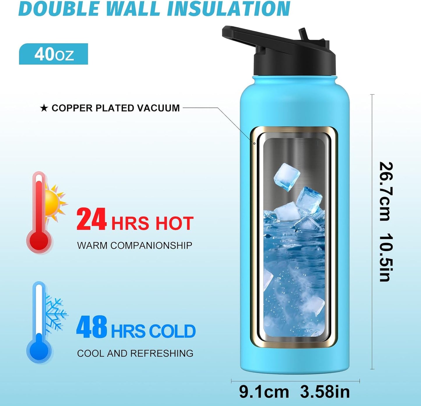 40oz Insulated Water Bottle (Cold for 48 Hrs),BPA Free&Leak Proof,Stainless Steel Water Flask,Water Jug with Straw Spout Lids for Gym,Hiking,Travel,Black Blue