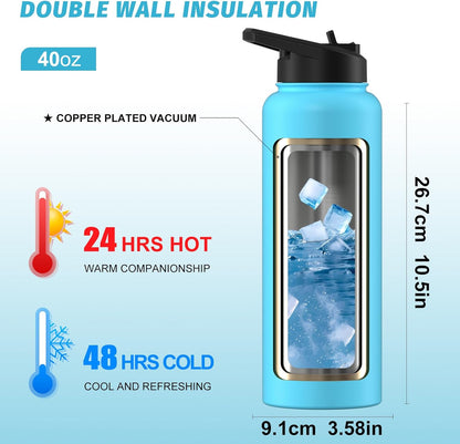 40oz Insulated Water Bottle (Cold for 48 Hrs),BPA Free&Leak Proof,Stainless Steel Water Flask,Water Jug with Straw Spout Lids for Gym,Hiking,Travel,Black Blue