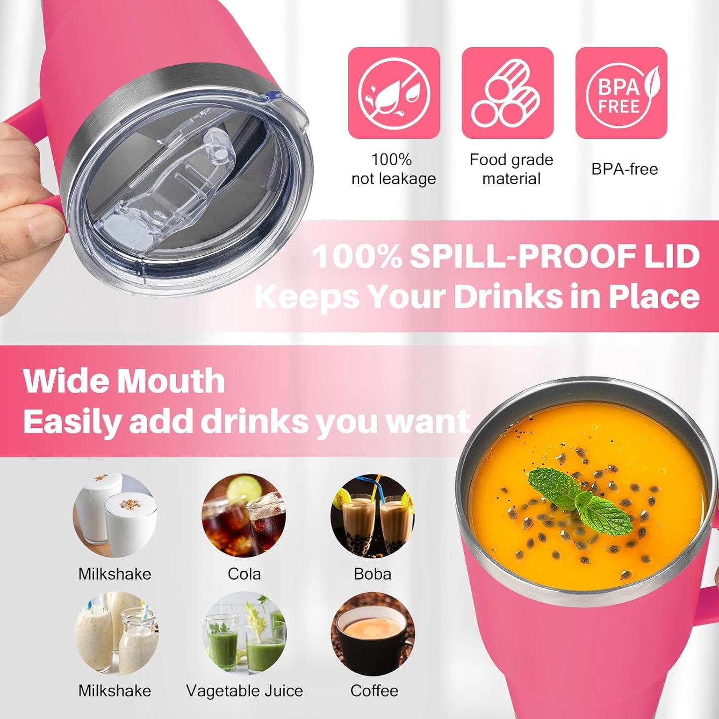 40 oz Tumbler with Handle, Insulated Tumbler with Lid and Straw, Reusable Stainless Steel Vacuum Insulated Cup, 100% Leak Proof Thermal Travel Coffee Mug Cup for Cold and Hot (Light Purple)