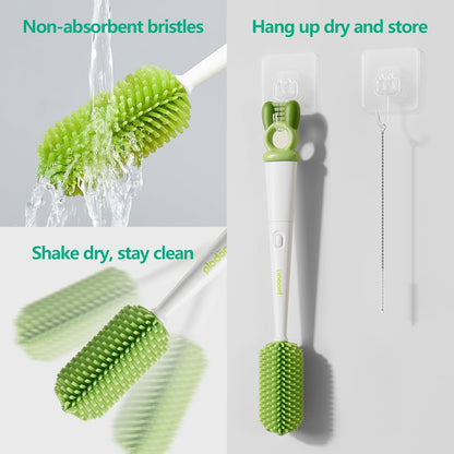 Detachable 5-in-1 Bottle Cleaning Brush Set - Silicone Baby Bottle Brush Cleaner Kit with Nipple Brush, Detail Brush & Straw Brush, Portable Long Handle Bottles Scrubber Cleaning Tool
