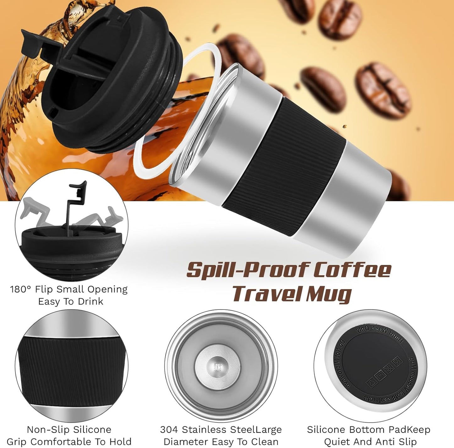 SPLMIFA Vacuum-Insulated Stainless Steel Travel Coffee Mug, Leak-Proof Reusable Coffee Cup with Lid - Keep Hot & Cold Drinks for Hours, Durable Insulated Tumbler for Men & Women(3rd-Black, 12OZ)
