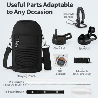 WixByti 40 oz Insulated Water Bottle with Straw (Cold for 36 Hrs), Stainless Steel Triple Wall Vacuum Sports Water Jug, Leakproof Hydro Cup Flask with Paracord Handle & Straw Spout Lids & DIY Stickers