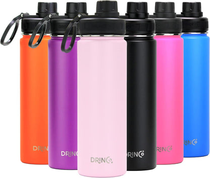 Drinco Stainless Steel Water Bottle Spout Lid Vacuum Insulated Double Wall Water Bottle Wide Mouth (40oz 32oz 22oz 18oz 14oz) Leak Proof Keep Cold Sport Camping Hiking (22 oz, 22oz Black)
