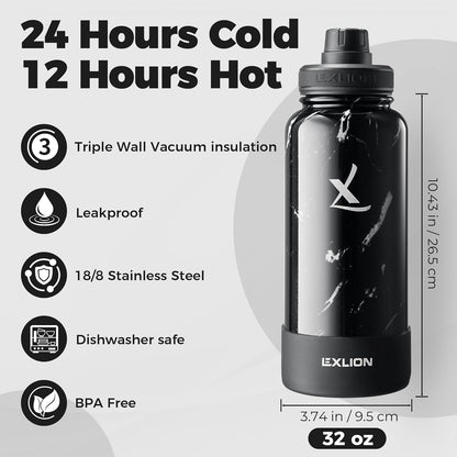 Lexlion Tea Infuser Water Bottle 32 Oz – Triple Wall Insulated Stainless Steel, Loose Leaf & Fruit Strainer, 3 Leakproof Lids, BPA-Free Silicone Sleeve, Reusable Thermal Mug