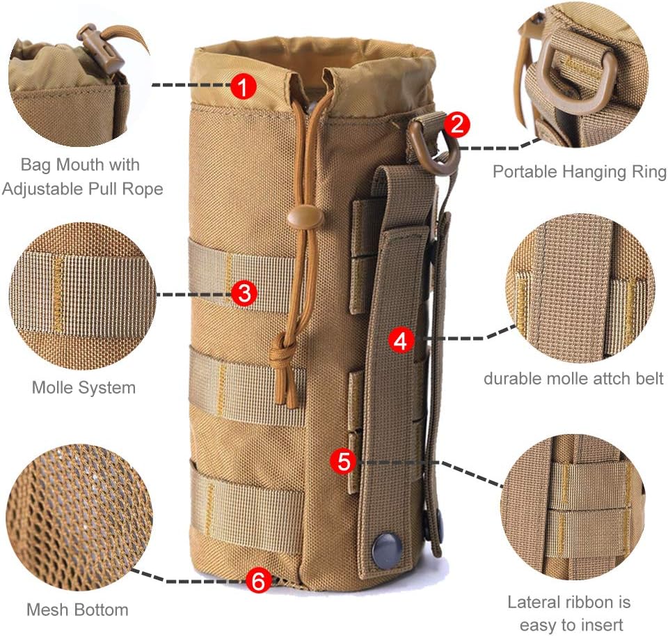 Upgraded Sports Water Bottles Pouch Bag, Tactical Drawstring Molle Water Bottle Holder Tactical Pouches, Travel Mesh Water Bottle Bag Tactical Hydration Carrier