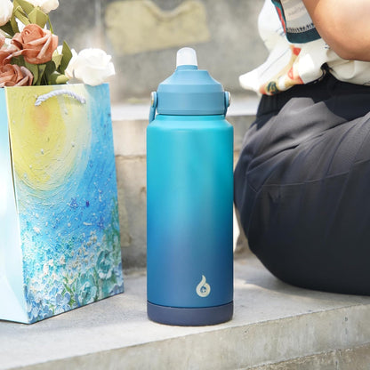 BJPKPK Insulated Water Bottle with Straw Lid, 18oz Thermo Water Bottles with Soft Nozzle, Flex Handle & Non-slip Boot, BPA Free Leak Proof Stainless Steel Metal Thermo, Tumblers, Cups,Sea Salt