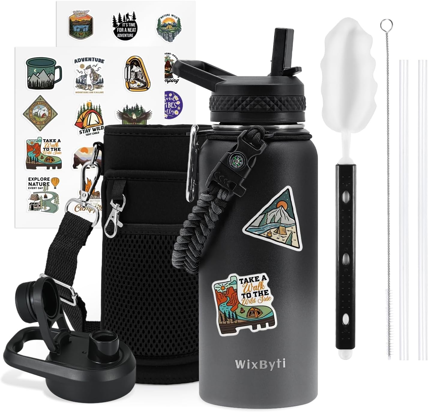 WixByti 40 oz Insulated Water Bottle with Straw (Cold for 36 Hrs), Stainless Steel Triple Wall Vacuum Sports Water Jug, Leakproof Hydro Cup Flask with Paracord Handle & Straw Spout Lids & DIY Stickers