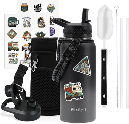 WixByti 40 oz Insulated Water Bottle with Straw (Cold for 36 Hrs), Stainless Steel Triple Wall Vacuum Sports Water Jug, Leakproof Hydro Cup Flask with Paracord Handle & Straw Spout Lids & DIY Stickers