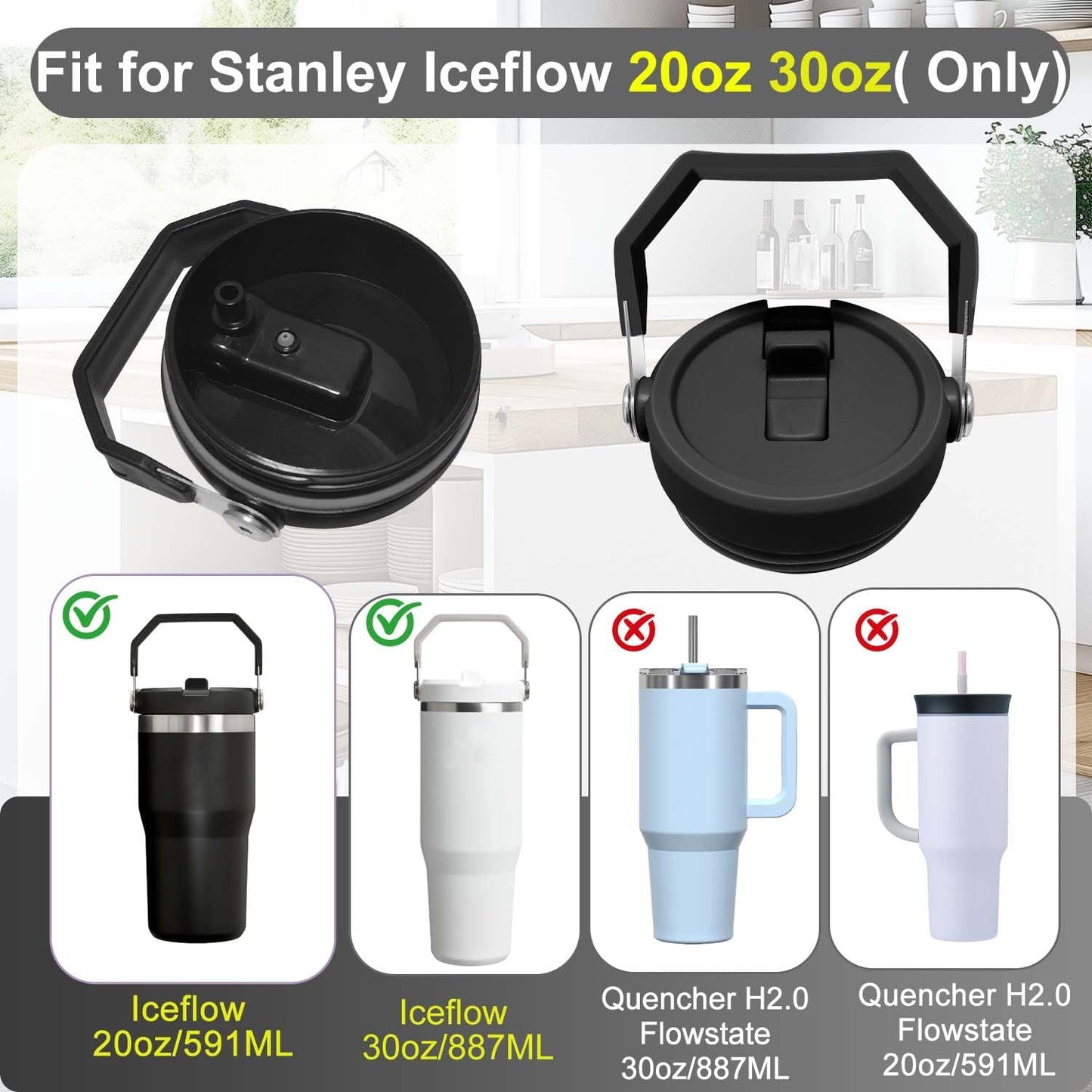 2-Pack Replacement Flip Straw Lids for Stanley IceFlow Tumbler 30oz and 20oz, Spill-Proof Cap with 2 Reusable Straws & 2 Cleaning Brushes, BPA-Free, Easy to Clean