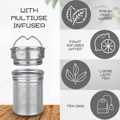 32oz Borosilicate Glass Water Bottle with Tea Infuser, Tea Tumbler with Strainer, Reusable Travel Mug with Sleeve & 2 Lids, Glass Drinking Bottle for Hot or Cold Drinks