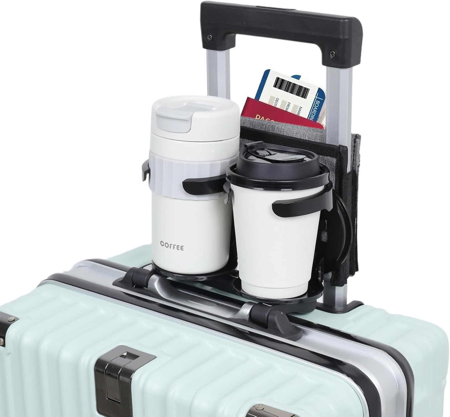 Vigorport Luggage Travel Cup Holder, Folding Drink Caddy for Suitcases - Hold Two Coffee Mugs Traveler Carry on Hands Free Accessory (Hook & Loop)