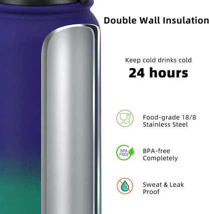 Fanhaw 20 oz Insulated Stainless Steel Water Bottle with Anti-Dust Chug Lid, Leakproof Vacuum Metal Everyday Use Bottle for Kids, Teens & Adults, Back to School Essentials (Green Blue)