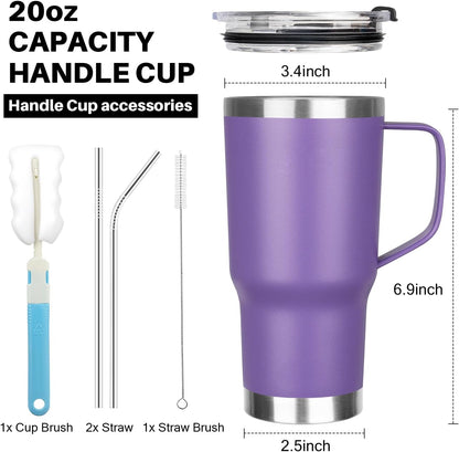 20 oz Tumbler with Handle, Stainless Steel Insulated Tumbler with Lid and Straw, Double Wall Vacuum Coffee Mug Tumbler, Insulated Coffee Thermal Cup for Cold and Hot (Light Purple)