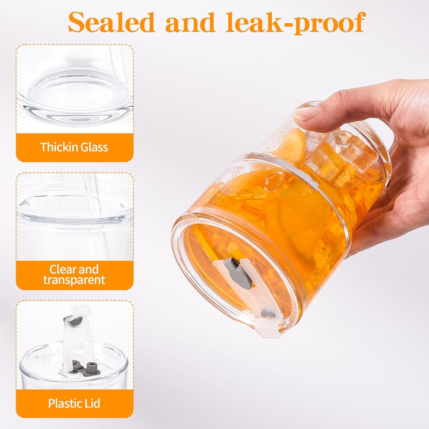 15oz Iced Coffee Cups with Lids Reusable,2Pcs Glass Matcha Cups,Glass Cups with Lids and Straws,Clear Glass Coffee Tumbler for Drinking Water,Tea,Juice