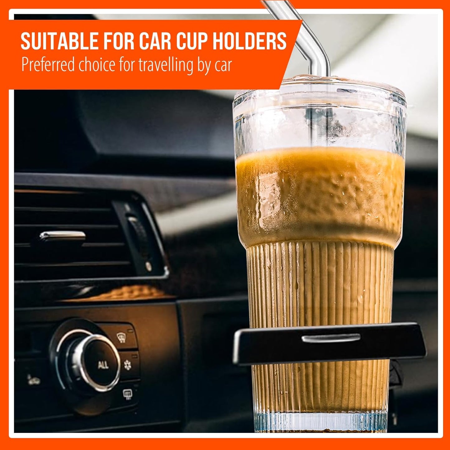 SUROQUE 20oz Ribbed Glass Tumblers with Lids & Straws, Ideal for Iced Coffee, Cocktails & More - Includes Cleaning Brush