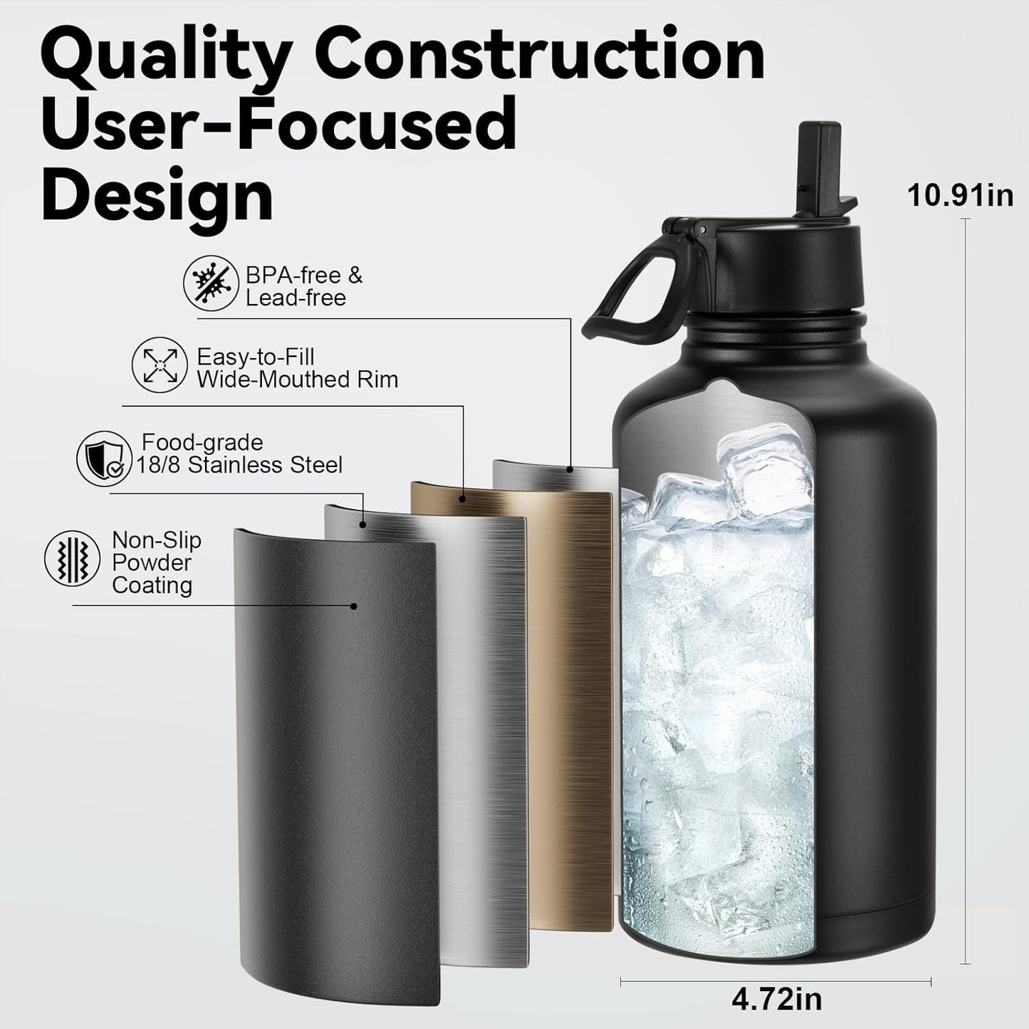 KXIAOCHEN Insulated Water Bottle With Strap, Cold For 48 Hrs Leak Proof, Triple Wall Stainless Steel Sports Water Bottle With Straw And Spout Lid For Gym Hiking Travel
