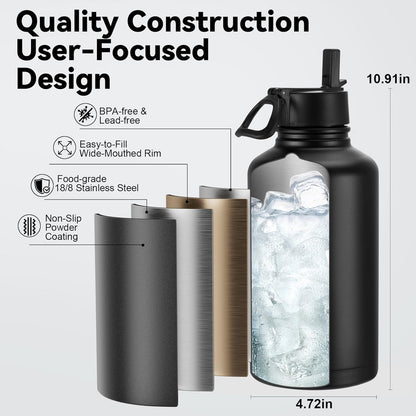 KXIAOCHEN Insulated Water Bottle With Strap, Cold For 48 Hrs Leak Proof, Triple Wall Stainless Steel Sports Water Bottle With Straw And Spout Lid For Gym Hiking Travel