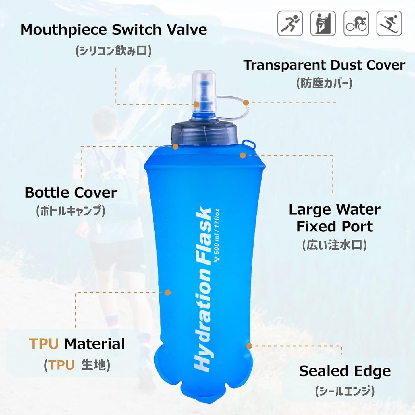 Azarxis TPU Soft Flask Collapsible Water Bottles BPA-Free 250ml 350ml 500ml for Hydration Vest Pack Running Hiking Cycling Climbing
