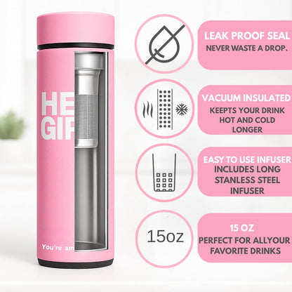 Hey Girl Tea Infuser Bottle 450ml - Insulated Stainless Steel Water Bottle - Tea Tumbler with Tea Diffuser - Portable Travel Mug for Loose Leaf Tea & Infused Water - Tea Lovers Gifts for Women (Pink)
