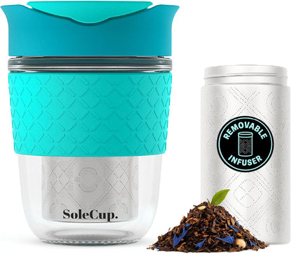 Travel Mug Loose Tea Infuser - Detachable Tea Strainer with Spillproof Lid - BPA-Free Reusable Glass Travel Coffee Cup with Silicone Band (Ice Cream, 12oz)