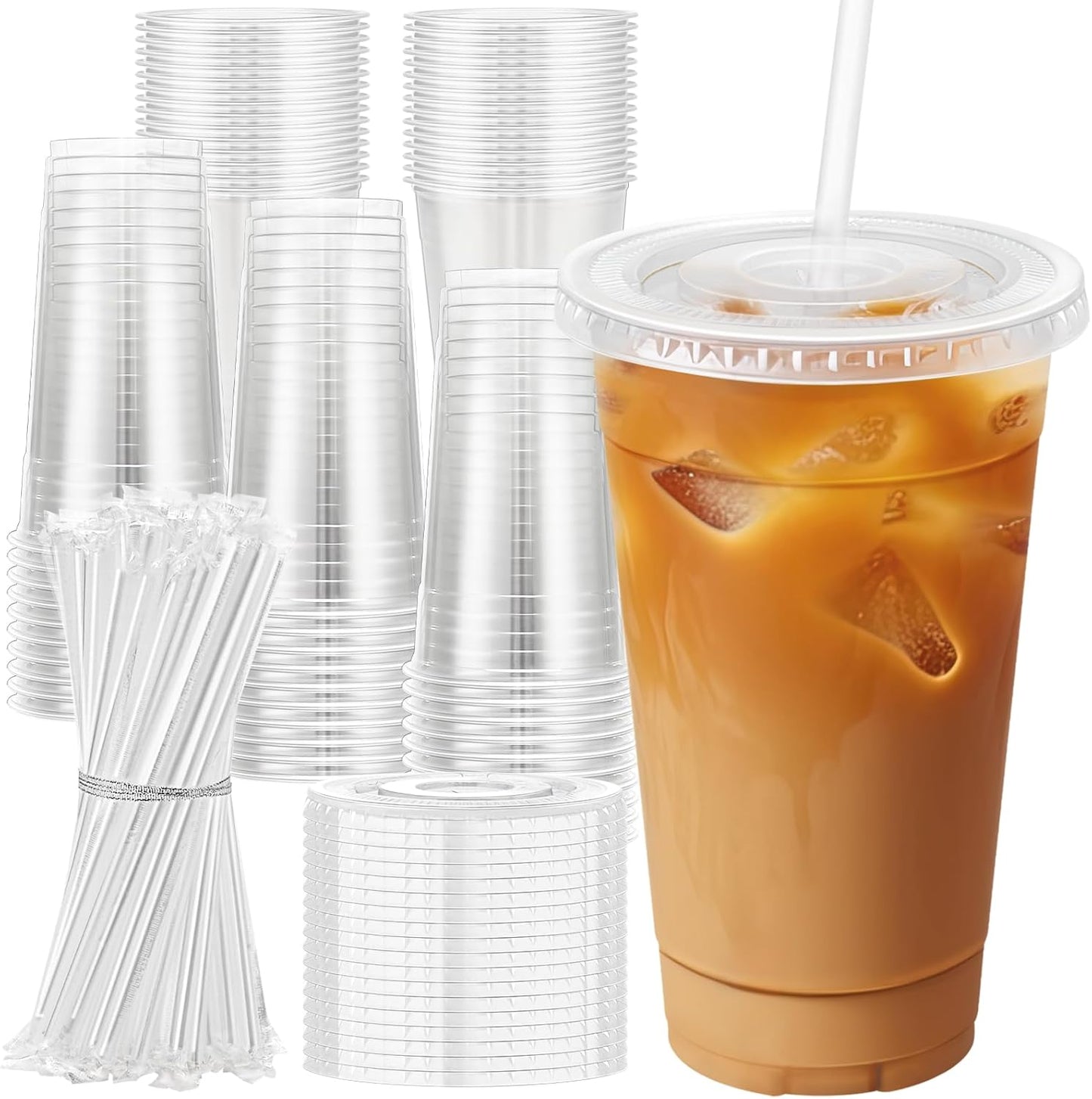 Lamosi 100 Pack 20 oz Clear Plastic Cups with Lids and Straws, Disposable Iced Coffee Cups with Lids for To-Go Cold Drinks, Smoothies and Slushie