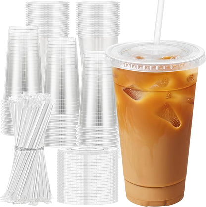 Lamosi 100 Pack 20 oz Clear Plastic Cups with Lids and Straws, Disposable Iced Coffee Cups with Lids for To-Go Cold Drinks, Smoothies and Slushie