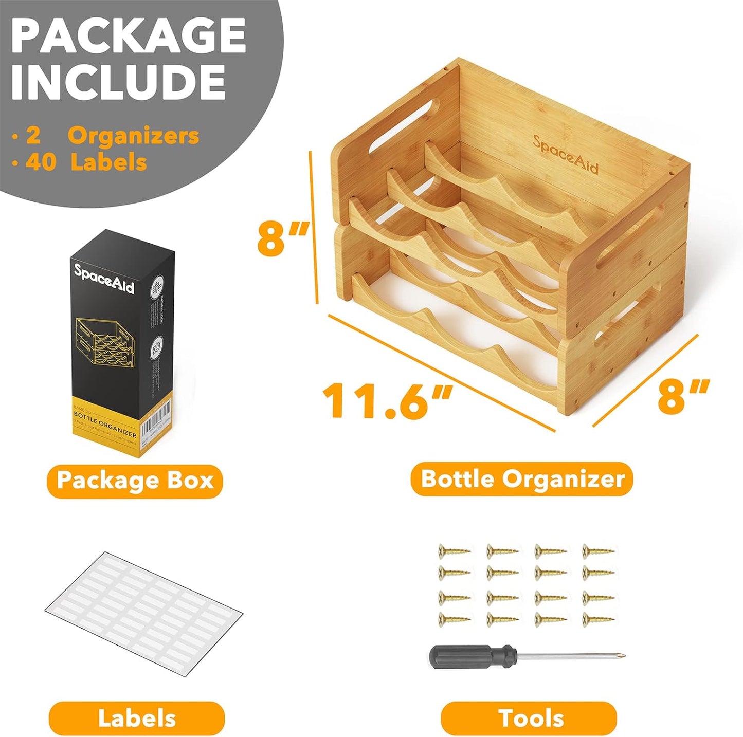 SpaceAid Bamboo Water Bottle Organizer with Labels for Kitchen and Pantry, Storage Rack for Cabinets, Home Cup and Wine Bottle Holder Shelf Organizers, 2 Pack 3-Slot, Hold 6 Bottles