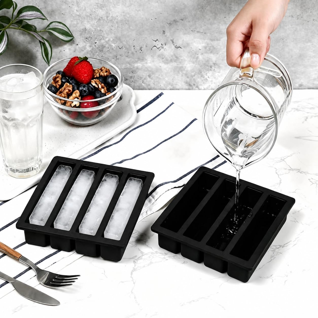 Webake Silicone Water Bottle Ice Cube Trays Mold Set of 2, Easy Release Long Ice Cube Sticks For Cocktail and Whisky