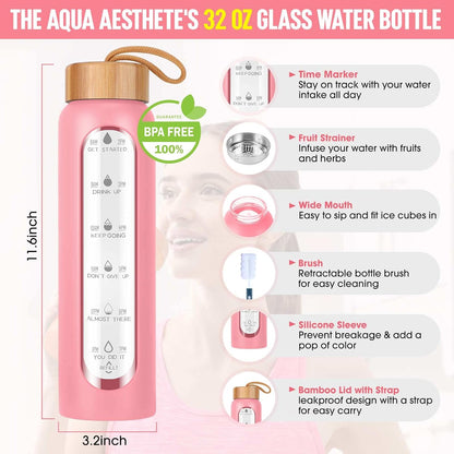 Aqulea Glass Water Bottles 25 Oz with Silicone Sleeve - BPA Free Reusable Wide Mouth Glass Motivational Water Bottles with Fruit Infuser – Leak Proof Borosilicate Water Bottle with Time Marker (White)