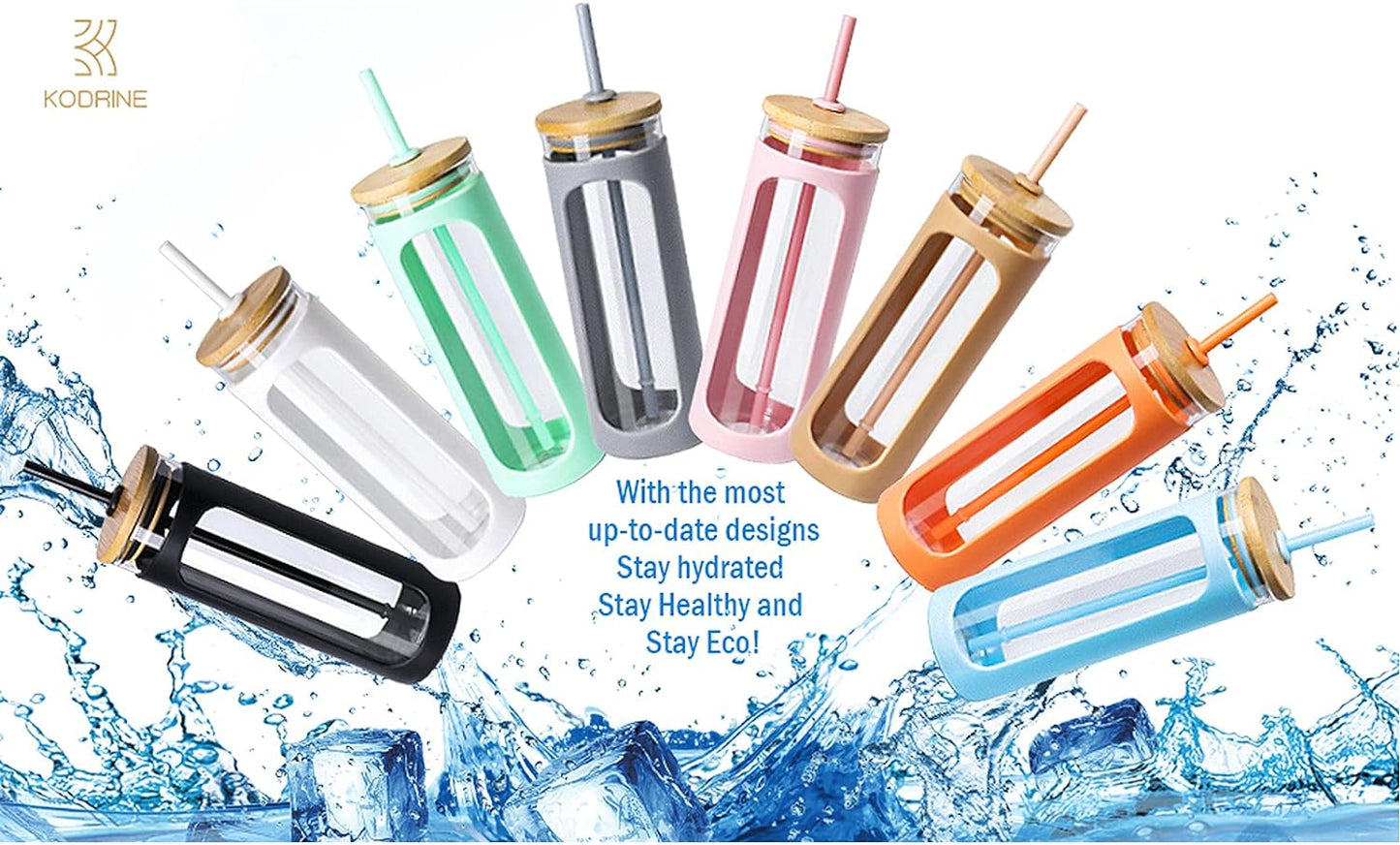 Kodrine 20oz Glass Water Tumbler with Straw and Lid, Bamboo Lids Water Bottle, Iced Coffee Cup Reusable, Wide Mouth Smoothie Cups with Protective Silicone Sleeve BPA FREE-Black - Colors A