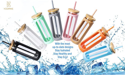 Kodrine 20oz Glass Water Tumbler with Straw and Lid, Bamboo Lids Water Bottle, Iced Coffee Cup Reusable, Wide Mouth Smoothie Cups with Protective Silicone Sleeve BPA FREE-Black - Colors A