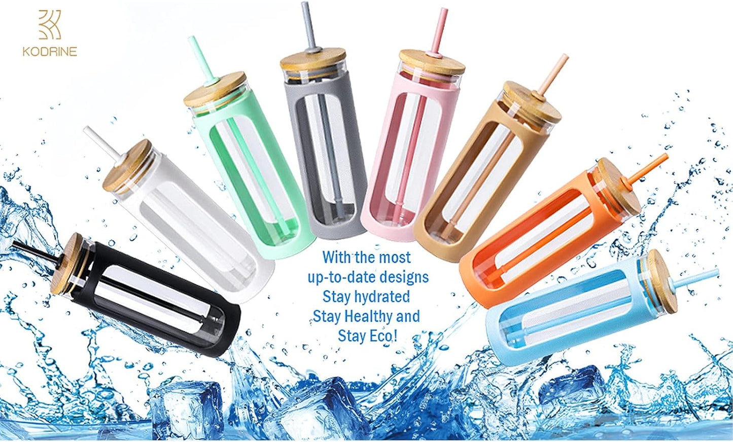 Kodrine 20oz Glass Water Tumbler with Straw and Lid, Bamboo Lids Water Bottle, Iced Coffee Cup Reusable, Wide Mouth Smoothie Cups with Protective Silicone Sleeve BPA FREE-Black - Colors B