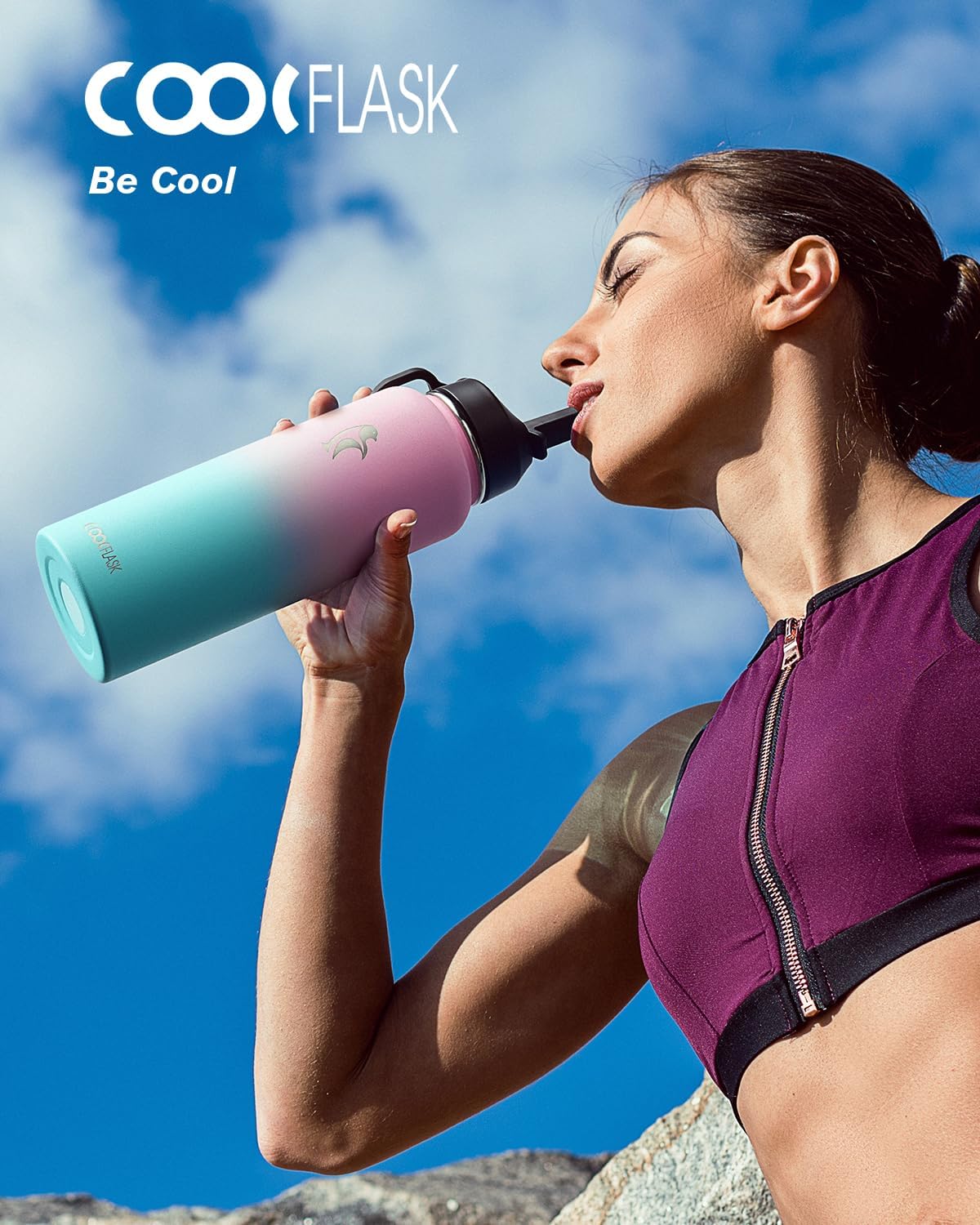 Half Gallon Water Bottle Insulated with Straw & 3 Lids, Coolflask 64 oz Water Jug Large Metal Stainless Steel Wide Mouth for Sports, Gym or Office, Non-BPA Keep Cold 48H Hot 24H, Samurai Cyan