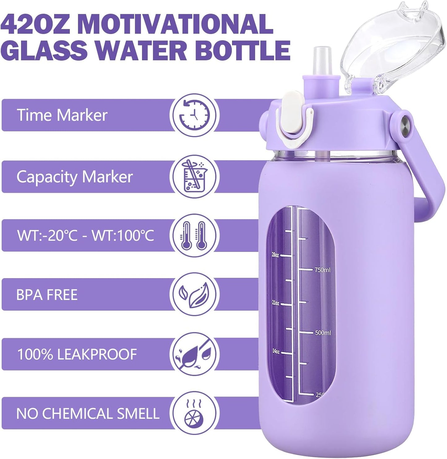 64oz Glass Water Bottles with Straw, Half Gallon Motivational Glass Bottle with Silicone Sleeve and Time Marker, 2L Leakproof Large Glass Water Jug for Gym Home Office,olive