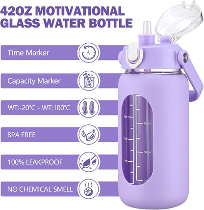 64oz Glass Water Bottles with Straw, Half Gallon Motivational Glass Bottle with Silicone Sleeve and Time Marker, 2L Leakproof Large Glass Water Jug for Gym Home Office,olive