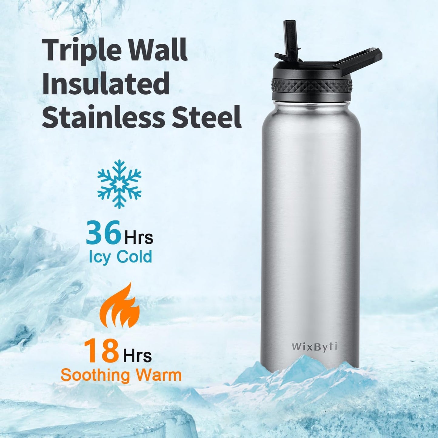 WixByti 40 oz Insulated Water Bottle with Straw (Cold for 36 Hrs), Stainless Steel Triple Wall Vacuum Sports Water Jug, Leakproof Hydro Cup Flask with Paracord Handle & Straw Spout Lids & DIY Stickers