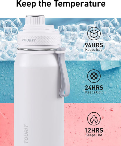 TOURIT 32oz Stainless Steel Wide Mouth Water Bottle, Double-Wall Vacuum Insulation with Spout Lid for Sports and Travel, Black